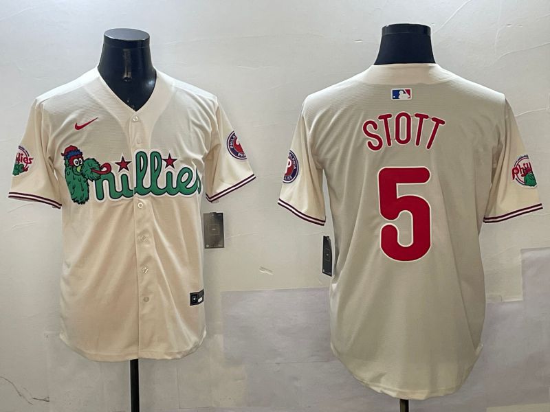 Men Philadelphia Phillies #5 Stott Cream Three generations Joint Name Game 2025 Nike MLB Jersey style 1